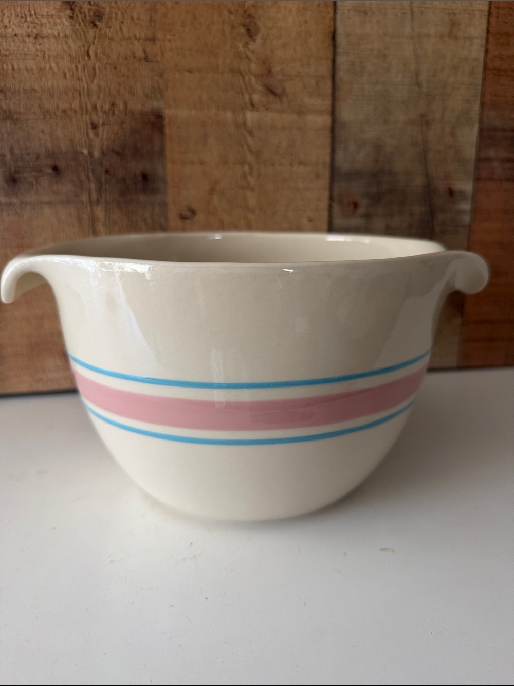 VTG McCoy Pottery Model 129~ 2 Quart Cream Batter Bowl Pink and Blue Stripe - Picture 6 of 7